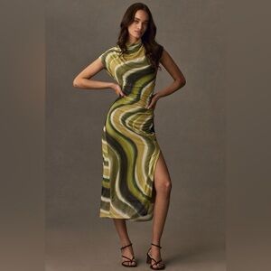 Anthropologie Green and Yellow Swirl Midi Dress